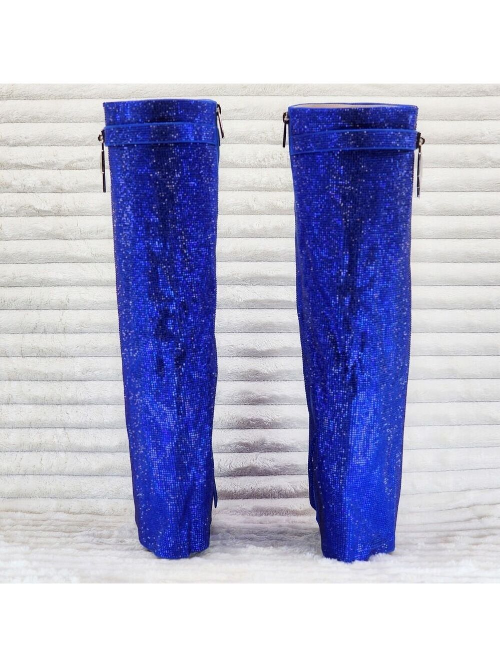 NIB Super Sparkle Sharky Skirted Fold Over Wedge Heel Knee Boots Royal Blue - Picture 6 of 15